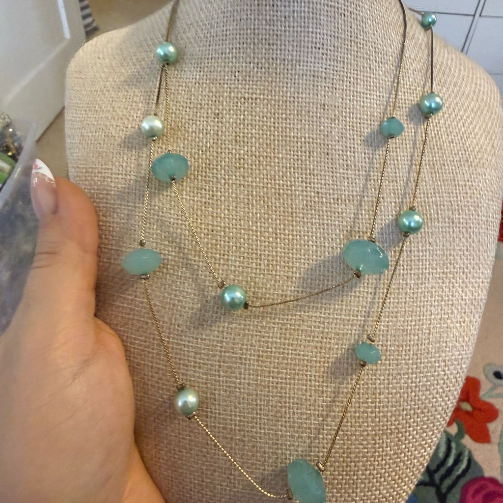 Blue Green Stone Gold Tone Long Single Strand Beaded Necklace Layering